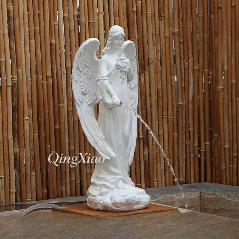 Resin Art Sculptures - ヨーロッパ風の天使の彫刻、水流装飾アート像、中庭、庭園、池、屋外パティオの水景装飾用