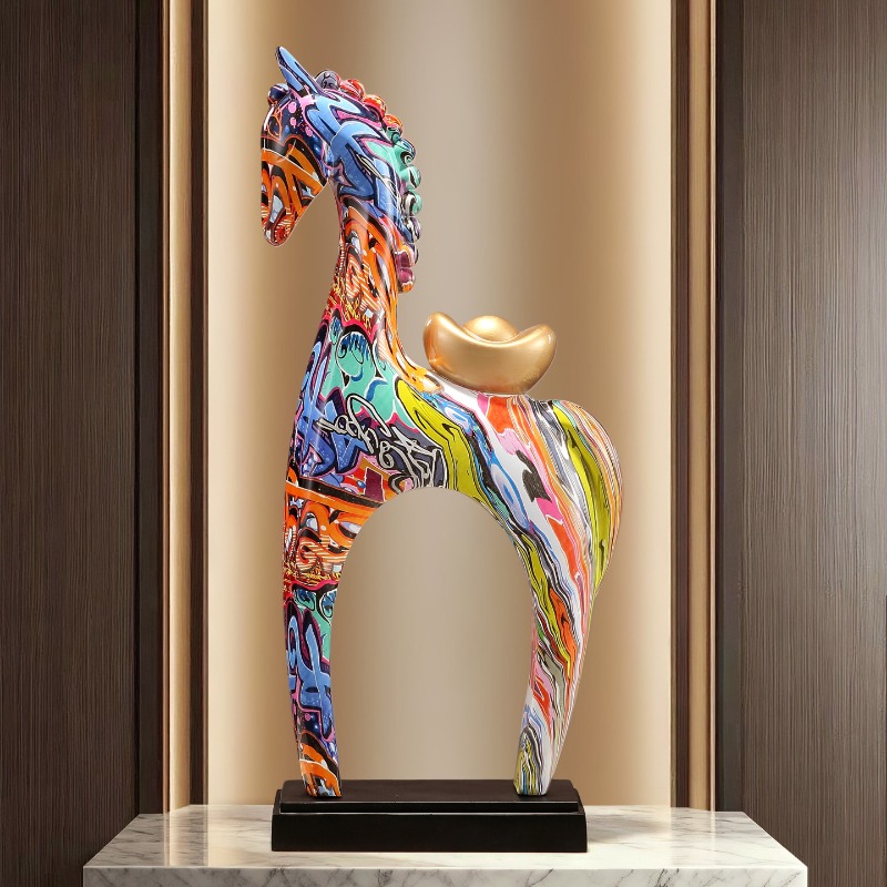 Resin Art Gift For Birthday - カラフルな馬の彫刻装飾品、リビングルーム、書斎、テレビキャビネット、玄関ホール、垂直型高級アート彫像装飾、ギフト